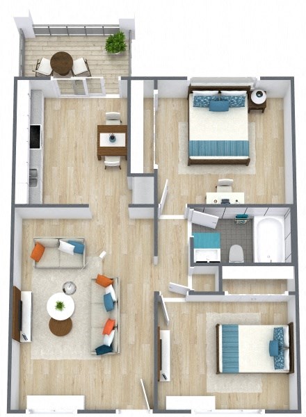 a stylized floor plan of a bedroom with a living room and a dining room
